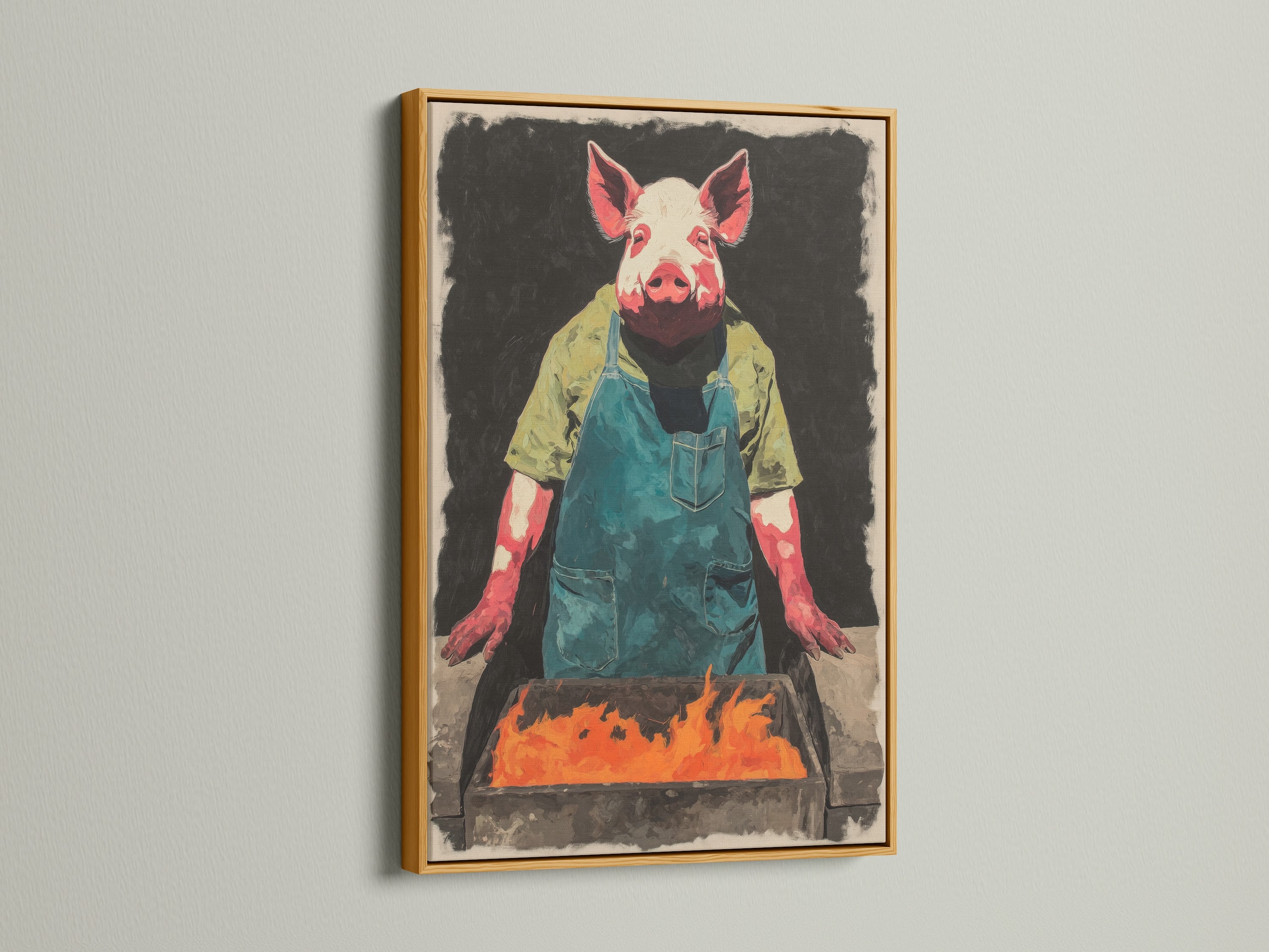 A gold frame elegantly showcases the Pig Chef artwork. The print features a pig chef at a BBQ. The gold frame adds a touch of sophistication and luxury. This artwork is perfect for a dining room or kitchen. It is a unique and funny farm art piece.