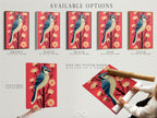 Explore available options for the blue jay artwork. Choose from a stretched canvas print fine art poster paper or a floating frame. The artwork features a blue jay bird and coral pink flowers. Find the perfect option today.
