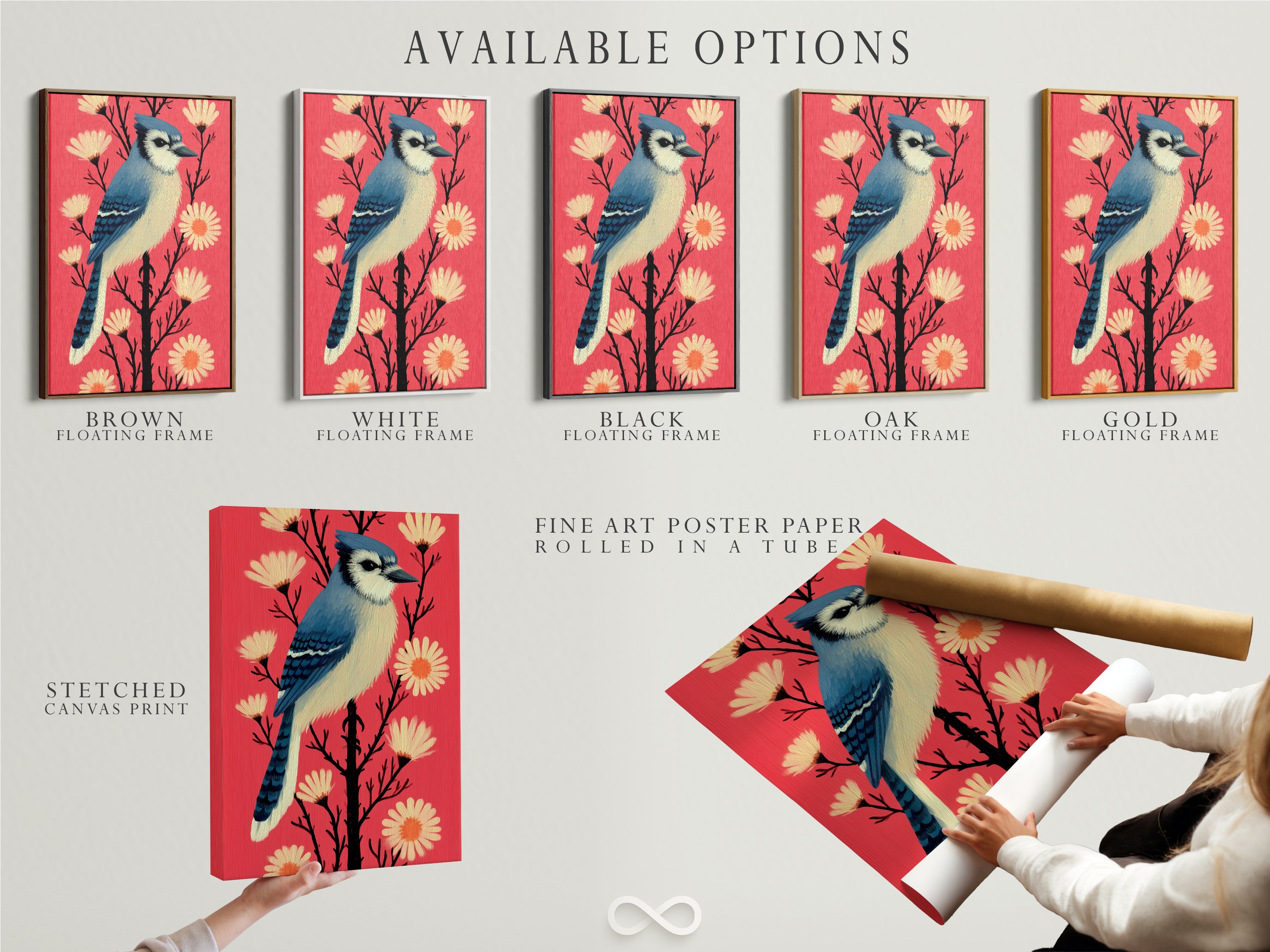 Explore available options for the blue jay artwork. Choose from a stretched canvas print fine art poster paper or a floating frame. The artwork features a blue jay bird and coral pink flowers. Find the perfect option today.