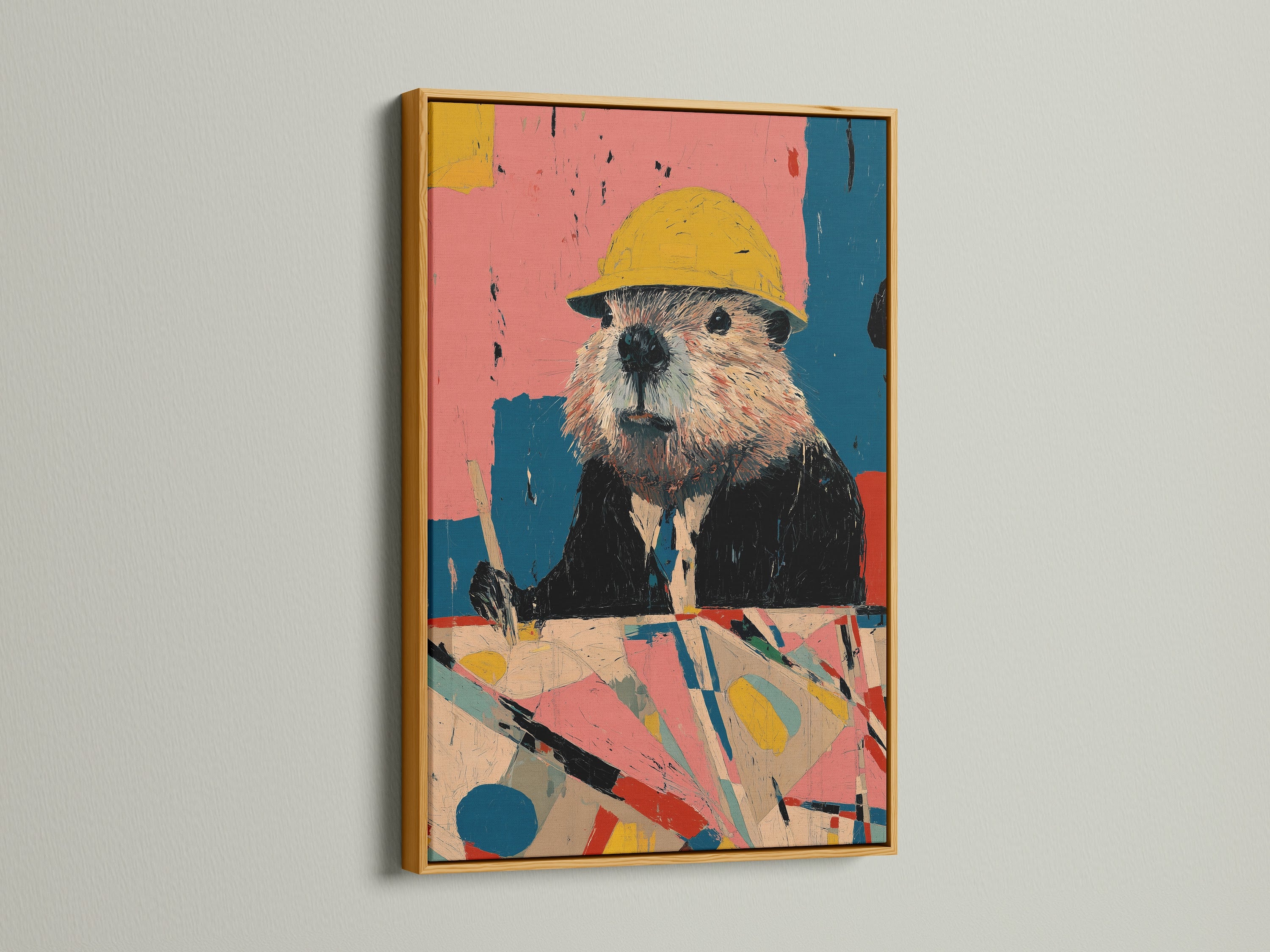 Beaver Construction Worker artwork in a gold frame. This vintage animal art features a retro hard hat print. The gold frame adds a touch of sophistication to the quirky animal art. Perfect for unique office wall decor.