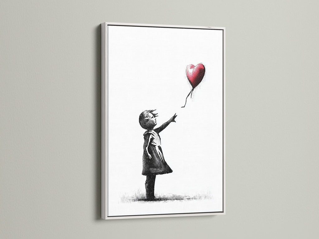 View our art prints with a white frame. The bright white frame provides a clean modern look. It allows the Banksy-style artwork to stand out. See how a white frame can transform your art. It will give your space a fresh gallery-like feel. Perfect for any contemporary home.