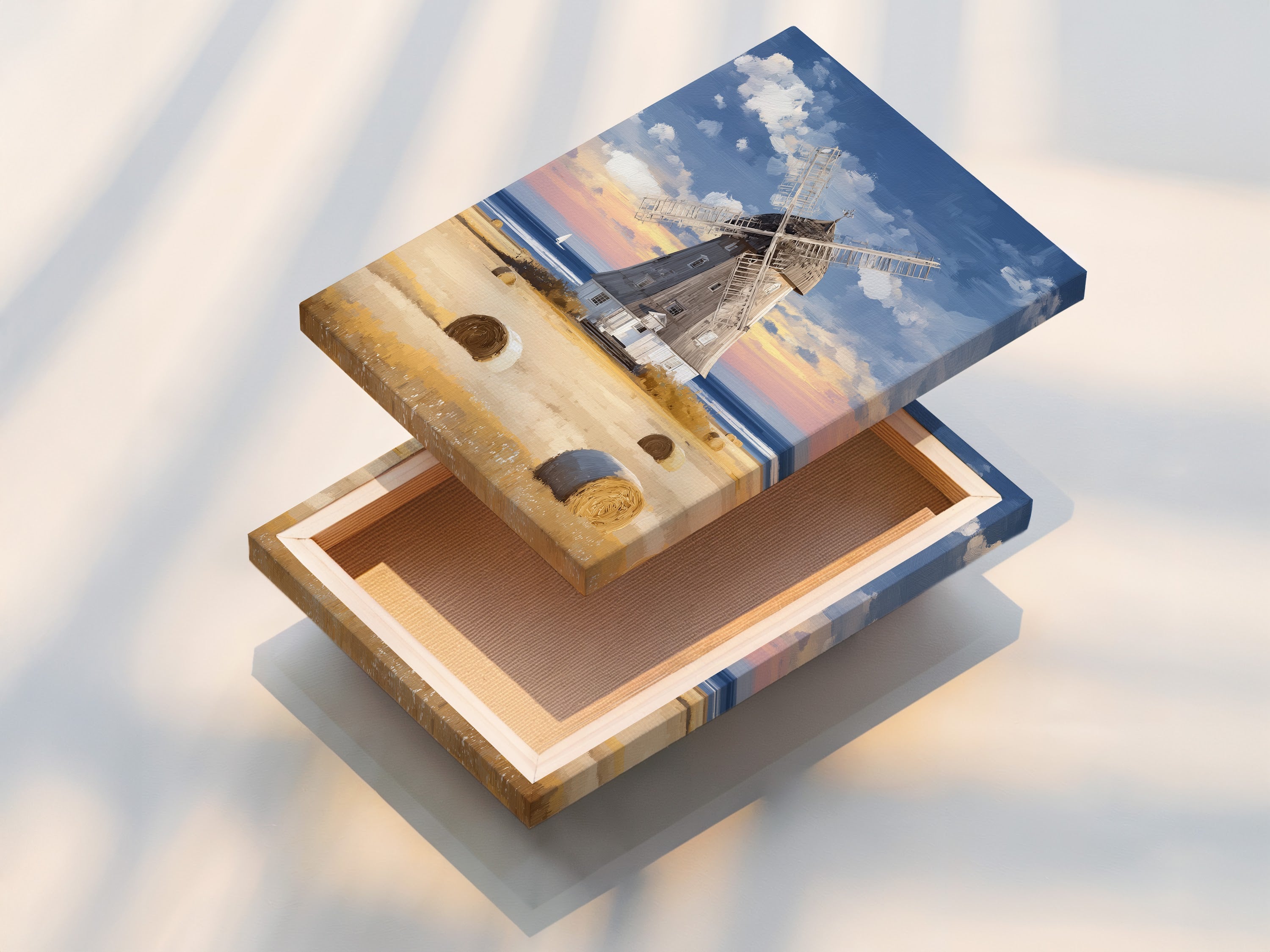 This stretched canvas print features a captivating coastal countryside windmill artwork. The artwork showcases golden hay bales and a serene seaside view. Ready to hang this canvas print adds texture and depth to your wall decor. Perfect for bringing vintage farmhouse charm and seaside tranquility to any room.