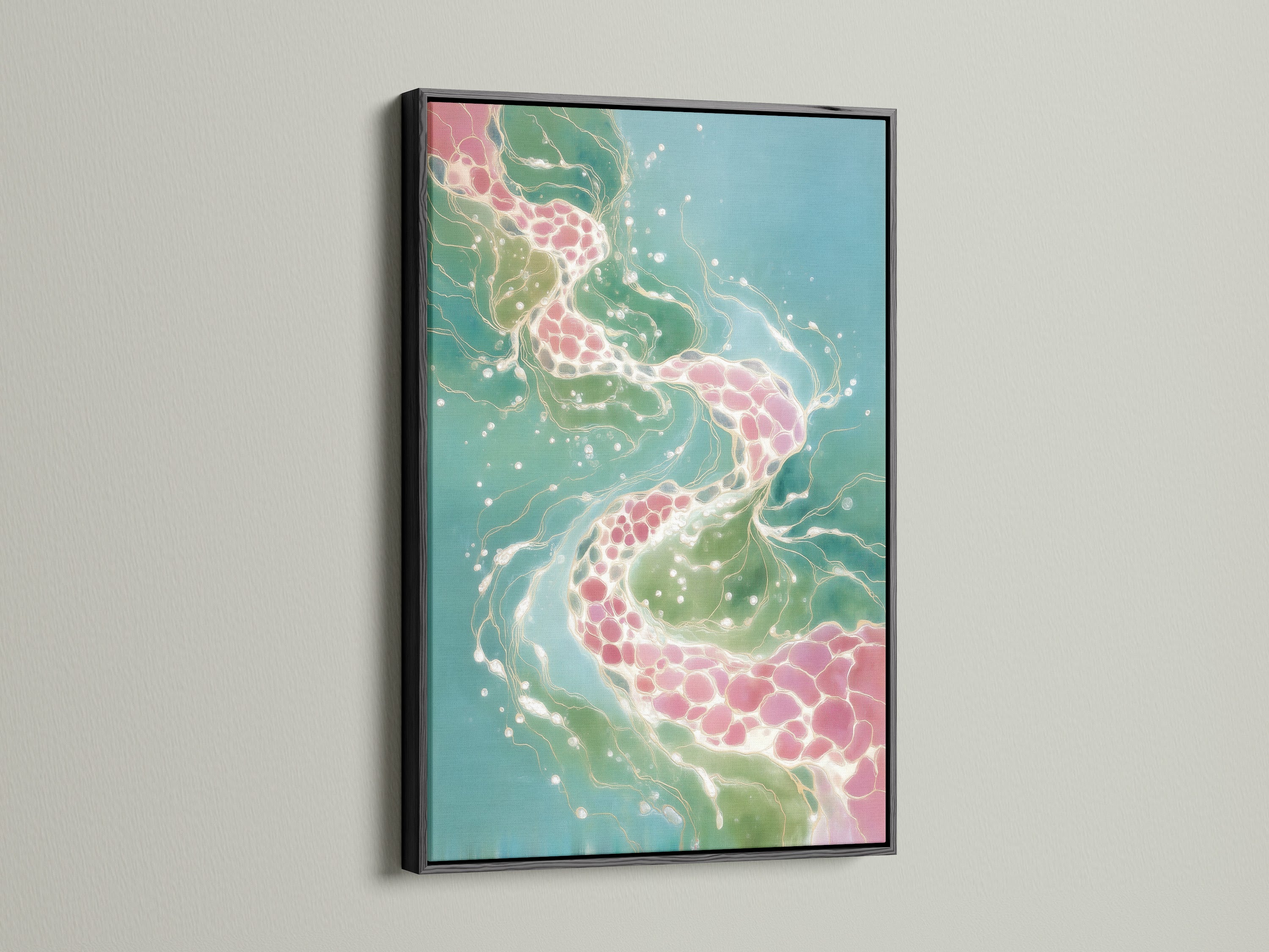 Abstract Fluid Art Print with a black frame. The teal and pink artwork offers a modern organic flow. Add a touch of contemporary art to your living space. This is ideal for minimalist or coastal decor.