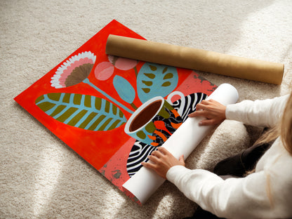 A woman rolling a fine art poster paper featuring a Coffee Cup Canvas Print. The floral botanical wall art is carefully handled. This modern still life artwork is perfect for framing. It is excellent for studios.
