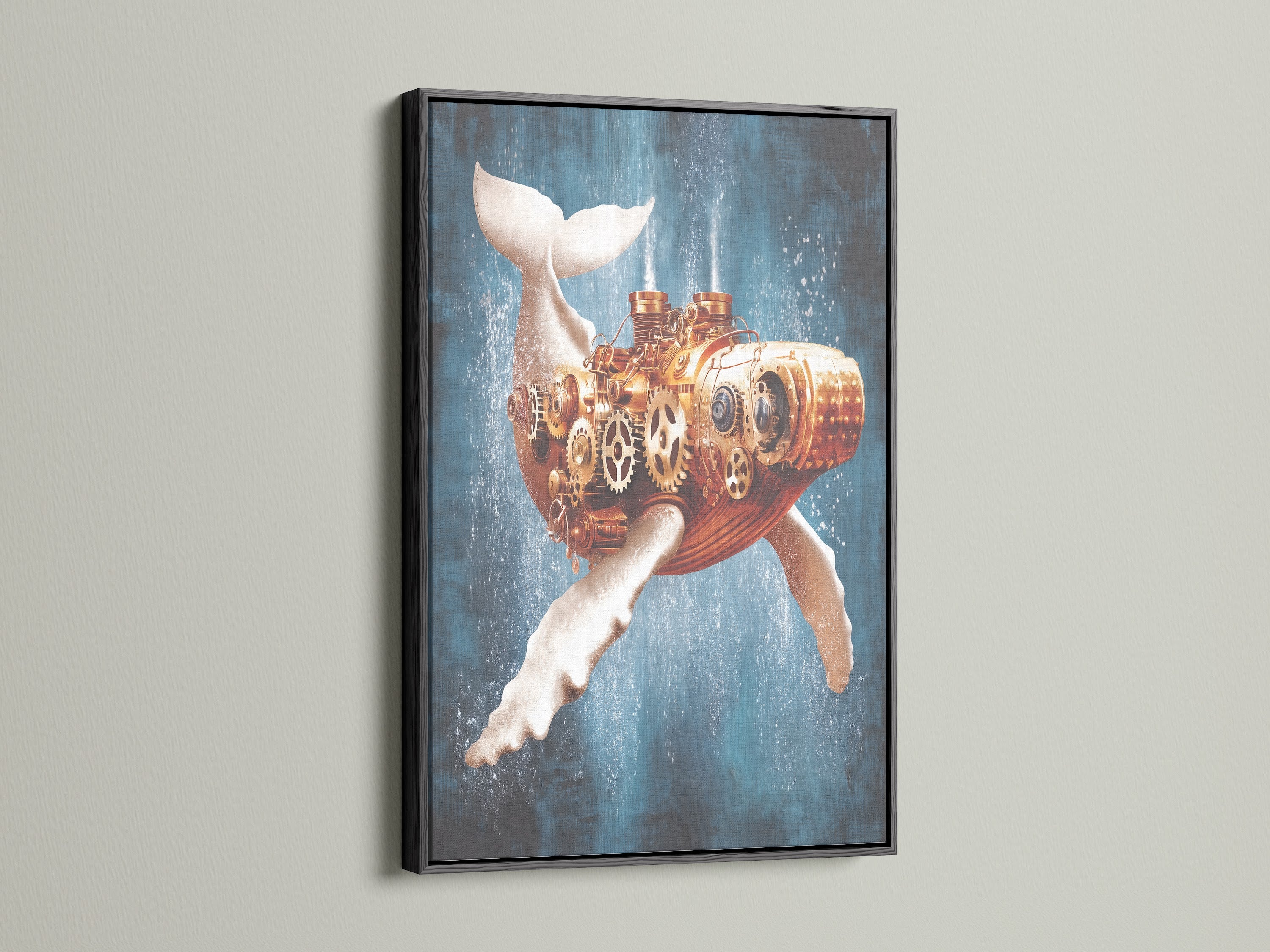 Steampunk Whale canvas artwork in a black frame. This nautical wall decor combines a mechanical whale with vintage steampunk elements. Ideal for those who appreciate the fusion of history and fantasy. It is a unique piece for your office wall.