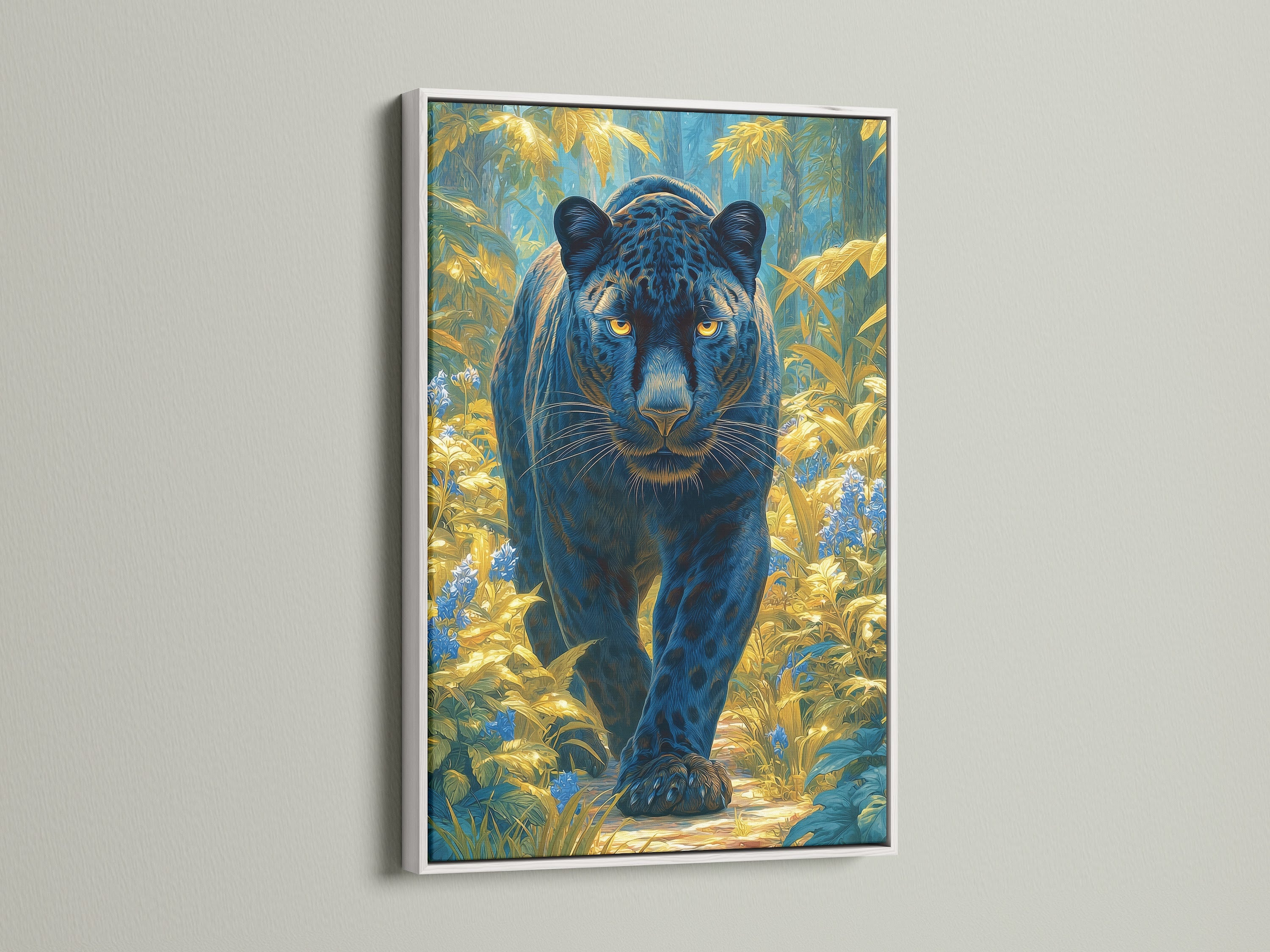 A white frame surrounds a canvas print. The white frame offers a clean and modern look. This frame choice complements blue and gold decor. See how a white frame enhances panther artwork. Visualize this frame with your animal art print.