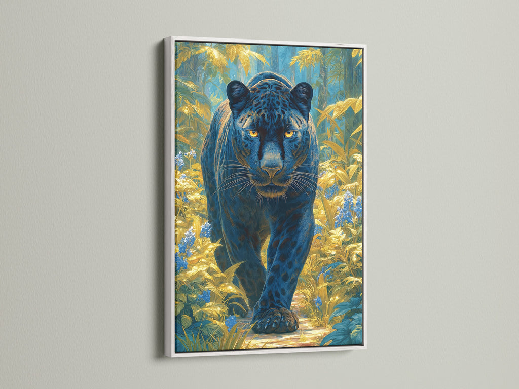 See the Black Panther canvas print in a white frame. This frame offers a clean minimalist look. The teal and gold colors stand out. This animal wall art adds brightness to any room. Perfect for modern minimalist or jungle-inspired styles. A great addition to your home decor.