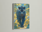 See the Black Panther canvas print in a white frame. This frame offers a clean minimalist look. The teal and gold colors stand out. This animal wall art adds brightness to any room. Perfect for modern minimalist or jungle-inspired styles. A great addition to your home decor.
