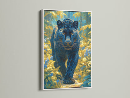 Black Panther artwork displayed in a white frame. The teal and gold animal artwork enhances any room. The jungle cat wall art is a striking piece. This panther art brings a touch of nature to your home. Perfect for a contemporary style.