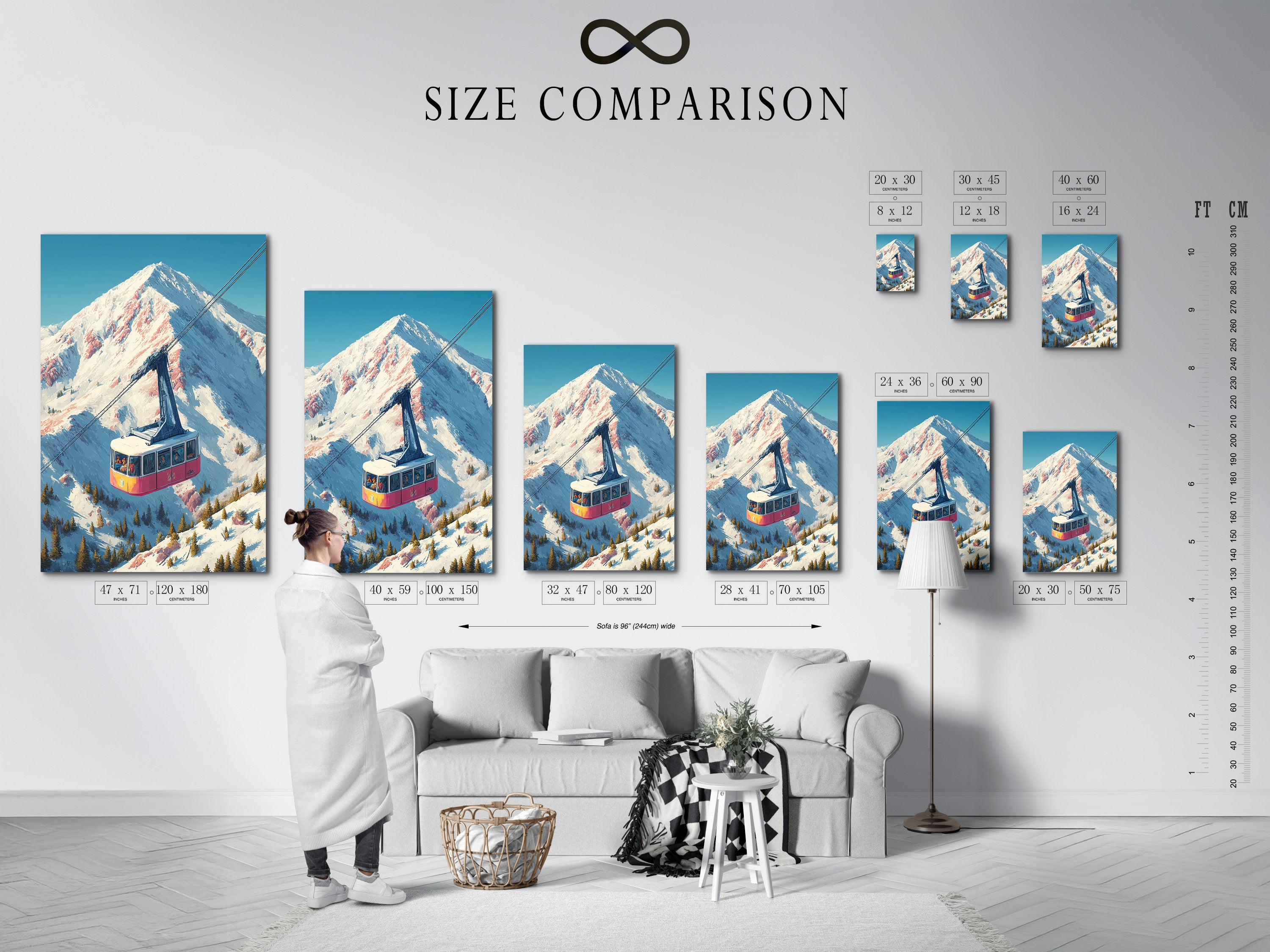 Size comparison chart in an interior setting. Chart displays available artwork print sizes. The vintage ski lift art print and alpine mountain cable car artwork sizes are shown. Find the perfect fit for your space.