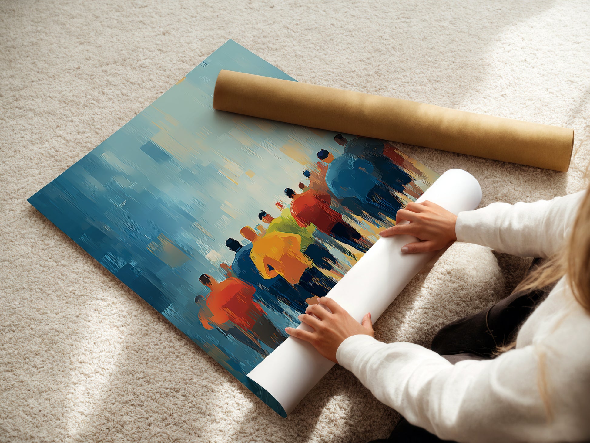 A woman carefully rolls a fine art poster paper version of the marathon runners artwork. Choose this option for a lightweight and versatile wall decor solution. Ideal for those who appreciate high quality prints.
