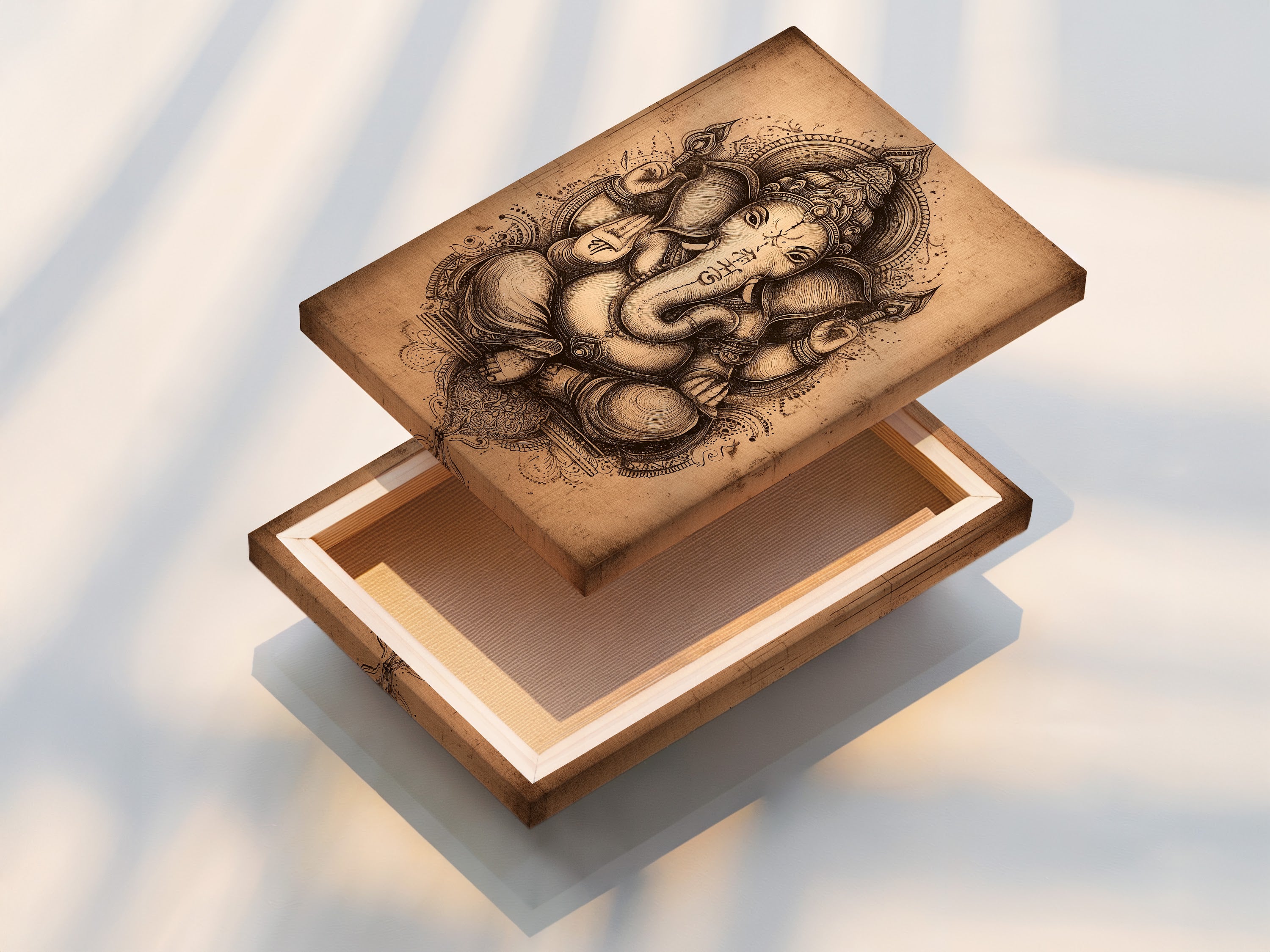 A stretched canvas print of Ganesha Wall Art. This Hindu artwork brings spiritual elegance to your home. The Elephant God art is perfect for meditation rooms. It adds a zen touch to any living space.