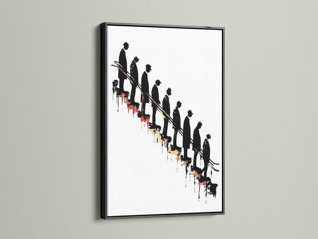 Conceptual artwork featuring descending figures on a stairway. This striking art print is presented in a black frame. The contrast enhances the conceptual nature of the piece. Ideal as office art or studio decor. Its black and red art elements make it a standout piece.
