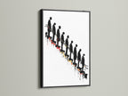 Conceptual artwork featuring descending figures on a stairway. This striking art print is presented in a black frame. The contrast enhances the conceptual nature of the piece. Ideal as office art or studio decor. Its black and red art elements make it a standout piece.