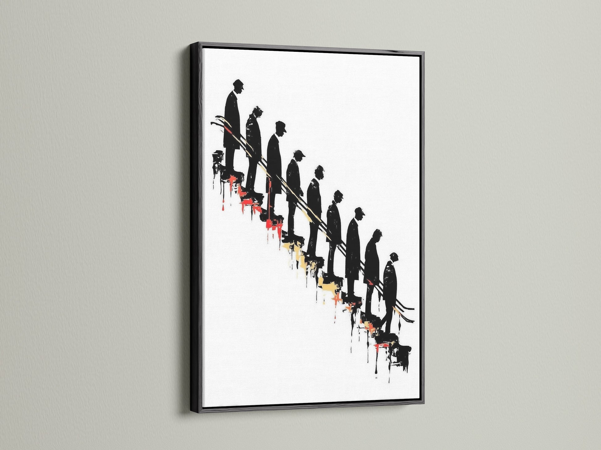 Conceptual artwork featuring descending figures on a stairway. This striking art print is presented in a black frame. The contrast enhances the conceptual nature of the piece. Ideal as office art or studio decor. Its black and red art elements make it a standout piece.