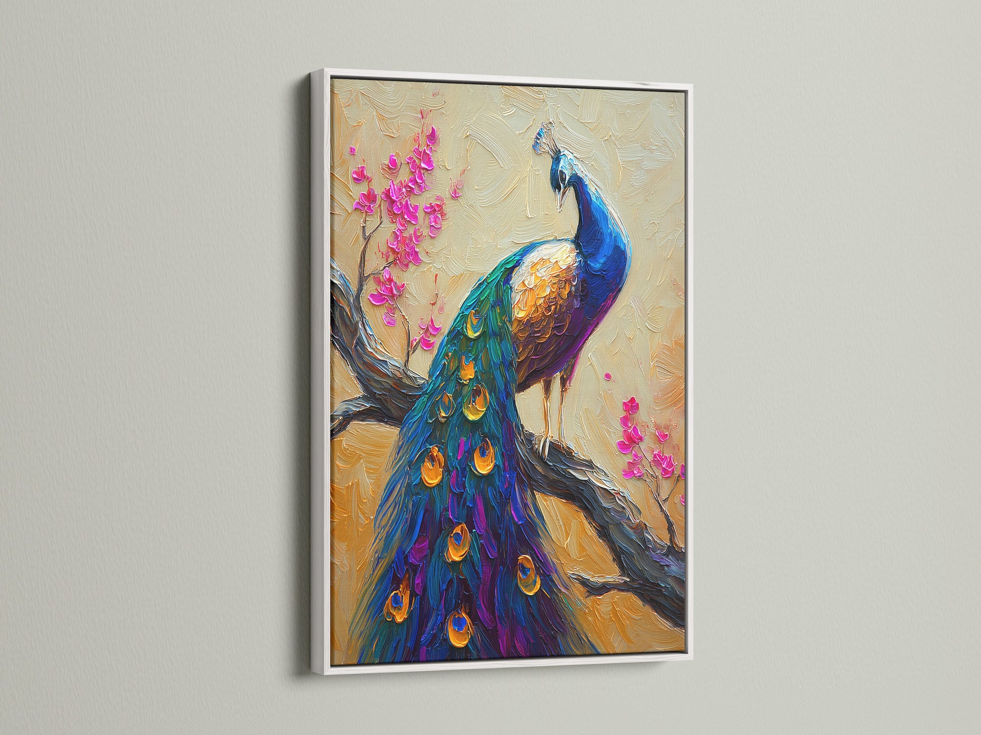 A colorful peacock artwork is showcased in a white frame. The white frame provides a clean and modern look. The art features a peacock. It is perched on a blossoming branch. The artwork is vibrant and detailed.