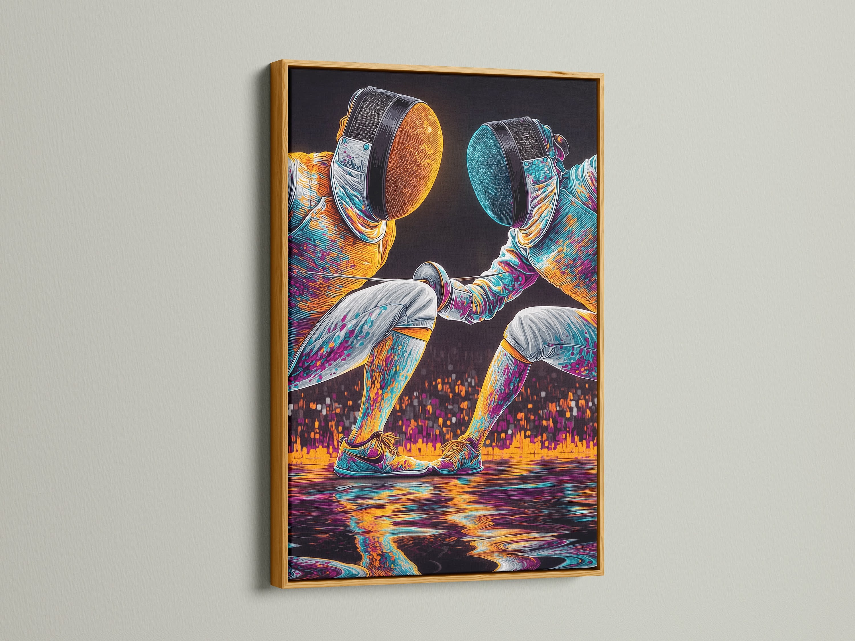 Fencing Duel Artwork showcased in a gold frame. This modern art piece brings sophistication. It is an excellent gift for athletes. Add a touch of luxury to your decor with this action print