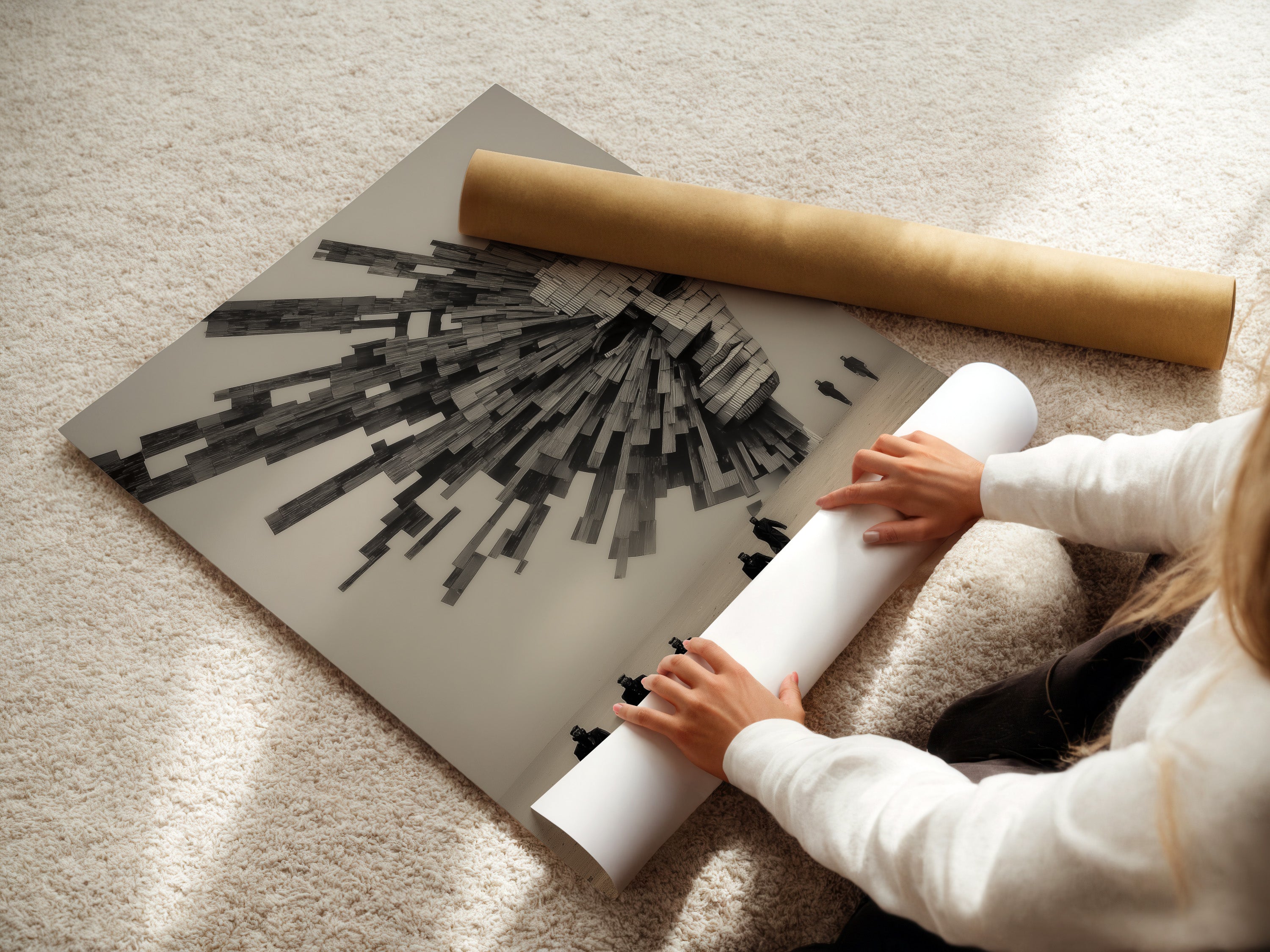 A woman is carefully rolling a fine art poster paper. The artwork showcases Surreal Architecture. It features abstract geometric elements. This monochrome poster suits modern office decor. It is ideal for minimalist and contemporary spaces.