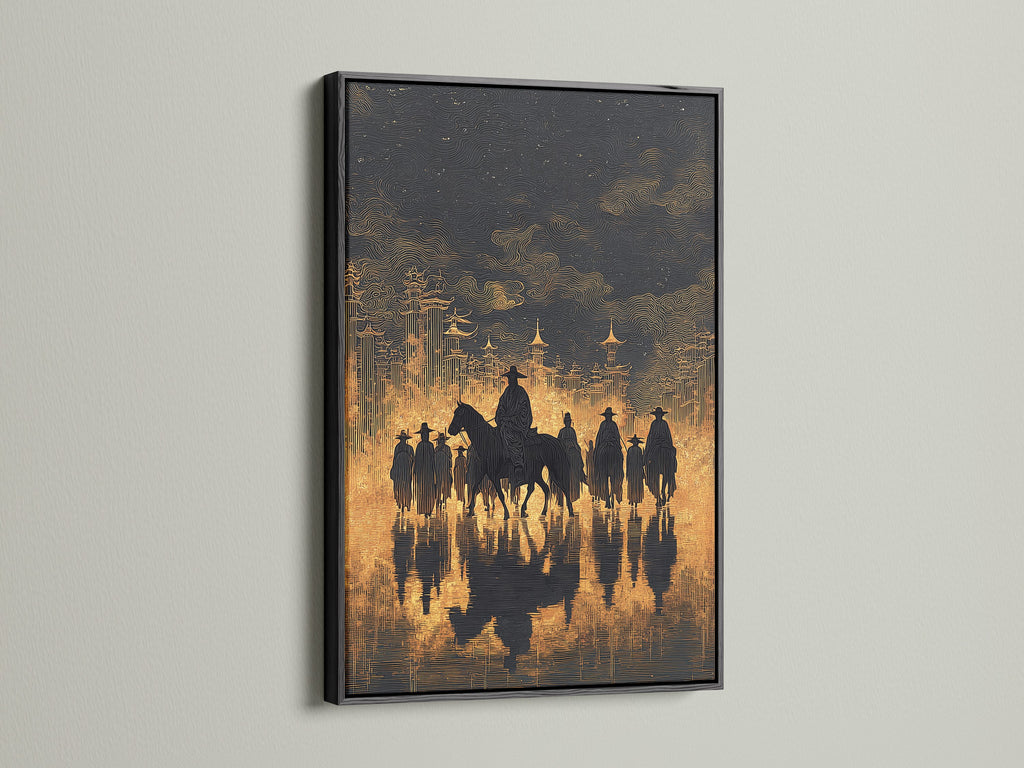 Western Cowboys Canvas Print with a black frame. This vintage western art is the perfect addition to your home. Showcase horseback riders art in style. This print is sure to impress.