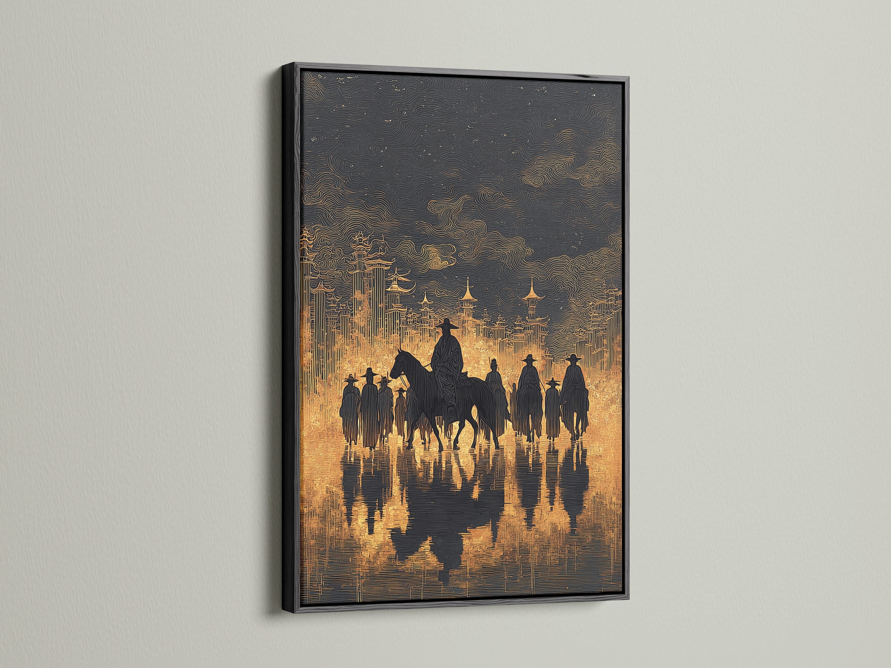Western Cowboys Canvas Print with a black frame. This vintage western art is the perfect addition to your home. Showcase horseback riders art in style. This print is sure to impress.