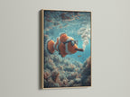 Oak frame displaying a clownfish art piece. The art shows the clownfish smoking a cigar underwater. The oak frame enhances the artwork's warm tones. It brings a natural touch to your home decor. The perfect conversation starter for any space