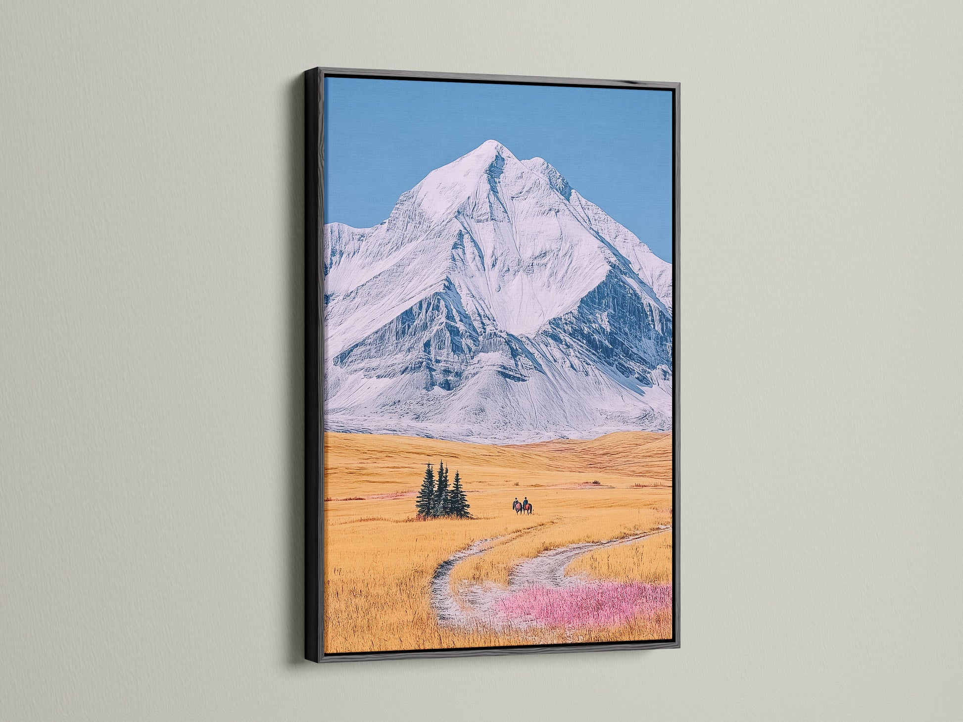 This mountain canvas print is showcased in a black frame. The dark frame accentuates the landscape artwork. It provides a classic and sophisticated touch. The snowy mountain ridge stands out beautifully. Perfect for creating a focal point in living rooms bedrooms or offices. A timeless piece for rustic home decor.