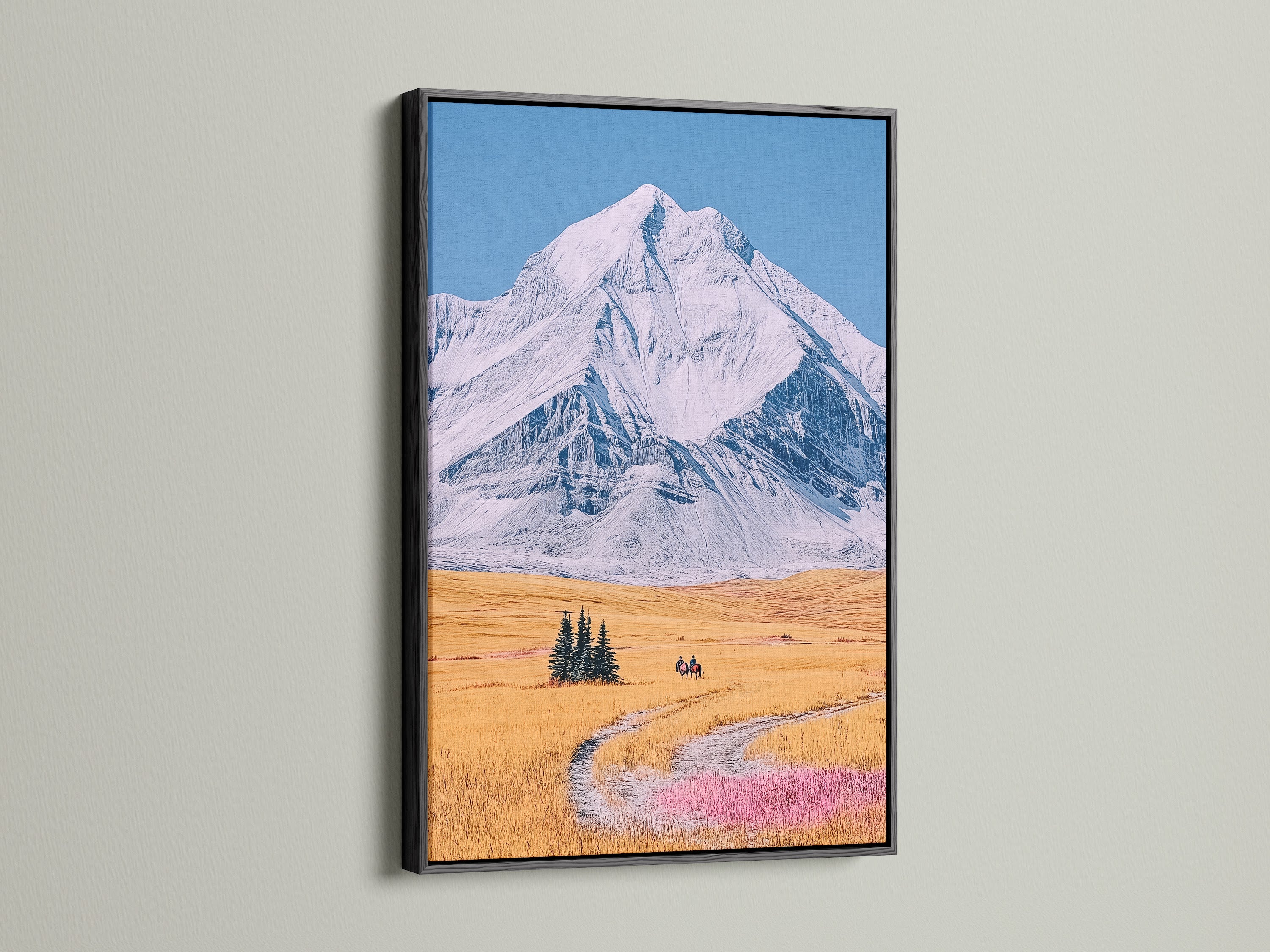 This mountain canvas print is showcased in a black frame. The dark frame accentuates the landscape artwork. It provides a classic and sophisticated touch. The snowy mountain ridge stands out beautifully. Perfect for creating a focal point in living rooms bedrooms or offices. A timeless piece for rustic home decor.