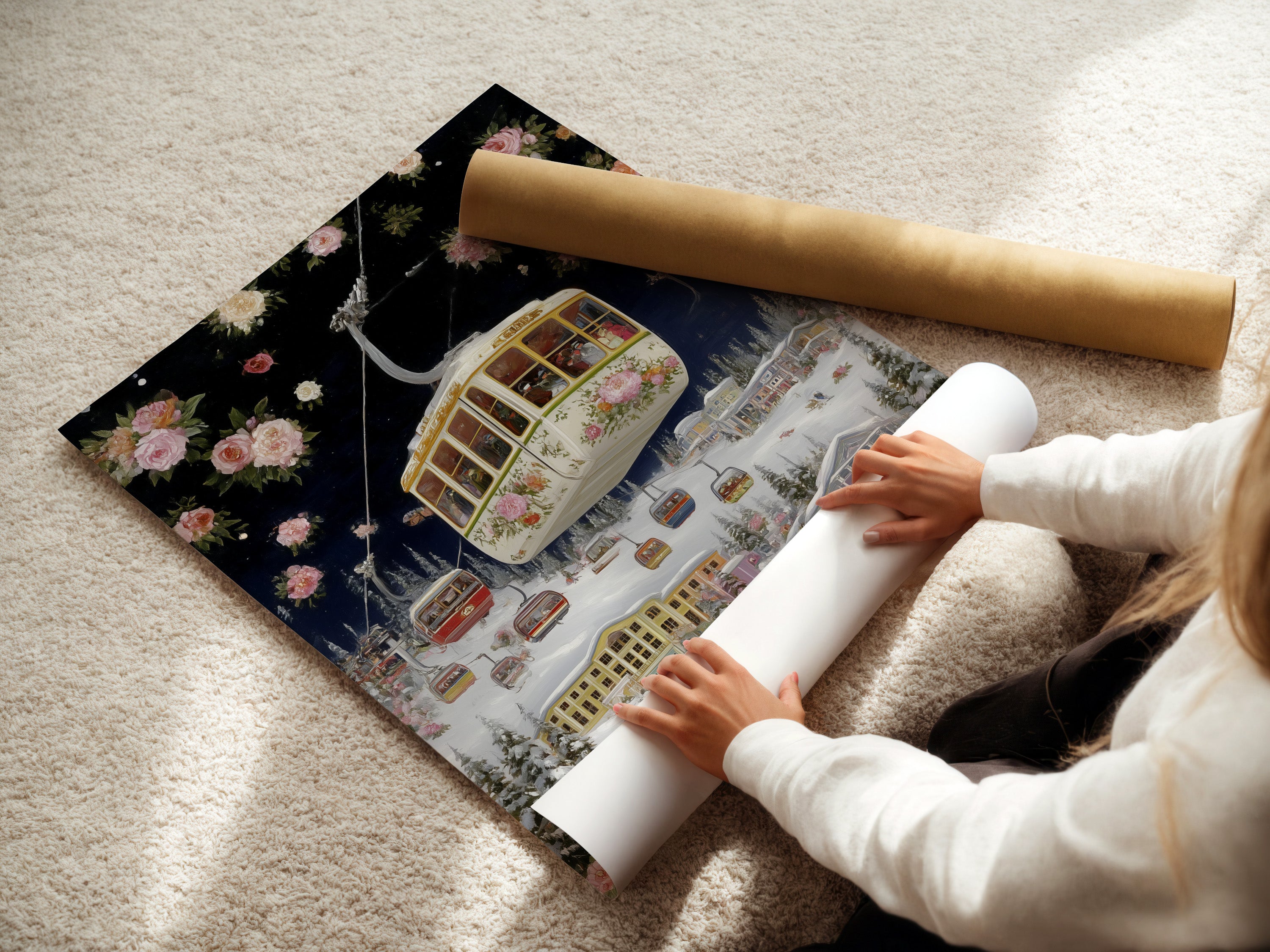 A woman is carefully rolling a fine art poster paper featuring a ski resort artwork. This vintage floral alpine artwork captures a gondola winter landscape. Add a touch of ski lodge decor to your home. Ideal for art lovers.