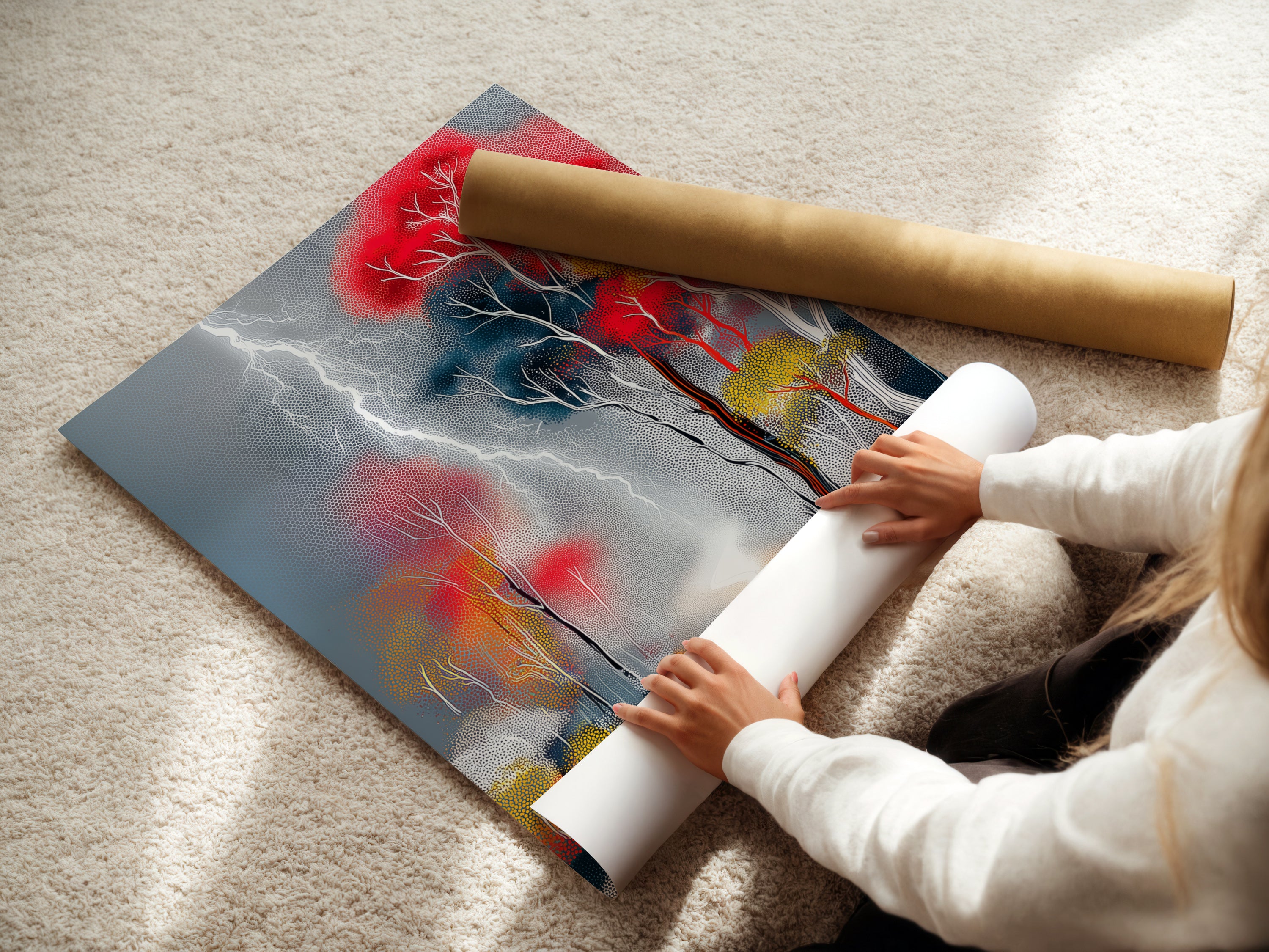 A woman is carefully rolling a fine art poster paper. The paper features the 'Lightning Forest' artwork. It showcases colorful trees and a modern storm. This fine art print is perfect for framing or displaying as is. Enhance your space with vibrant nature photography.