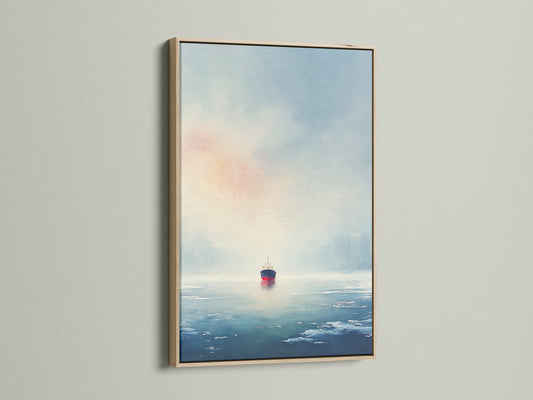 A serene seascape canvas print of a cargo ship framed in a light oak frame. The nautical wall art brings coastal charm to living rooms bedrooms and offices. The oak frame enhances the artwork's natural beauty. It is perfect for minimalist and Scandinavian decor styles.