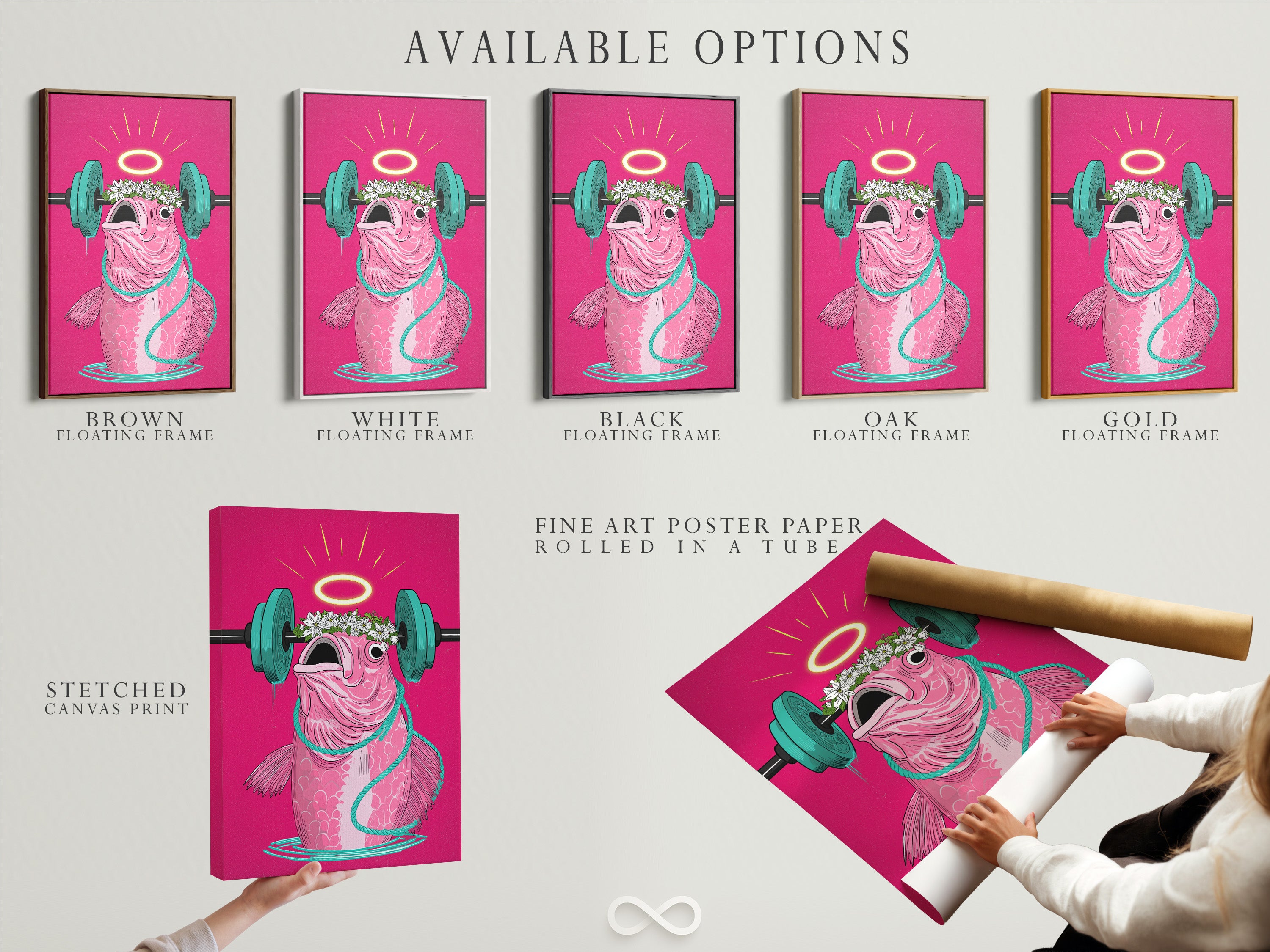 Explore available options for the Workout Fish Art. Options include a stretched canvas print fine art poster paper and a floating frame. Customize your gym wall art to fit your personal style and space.