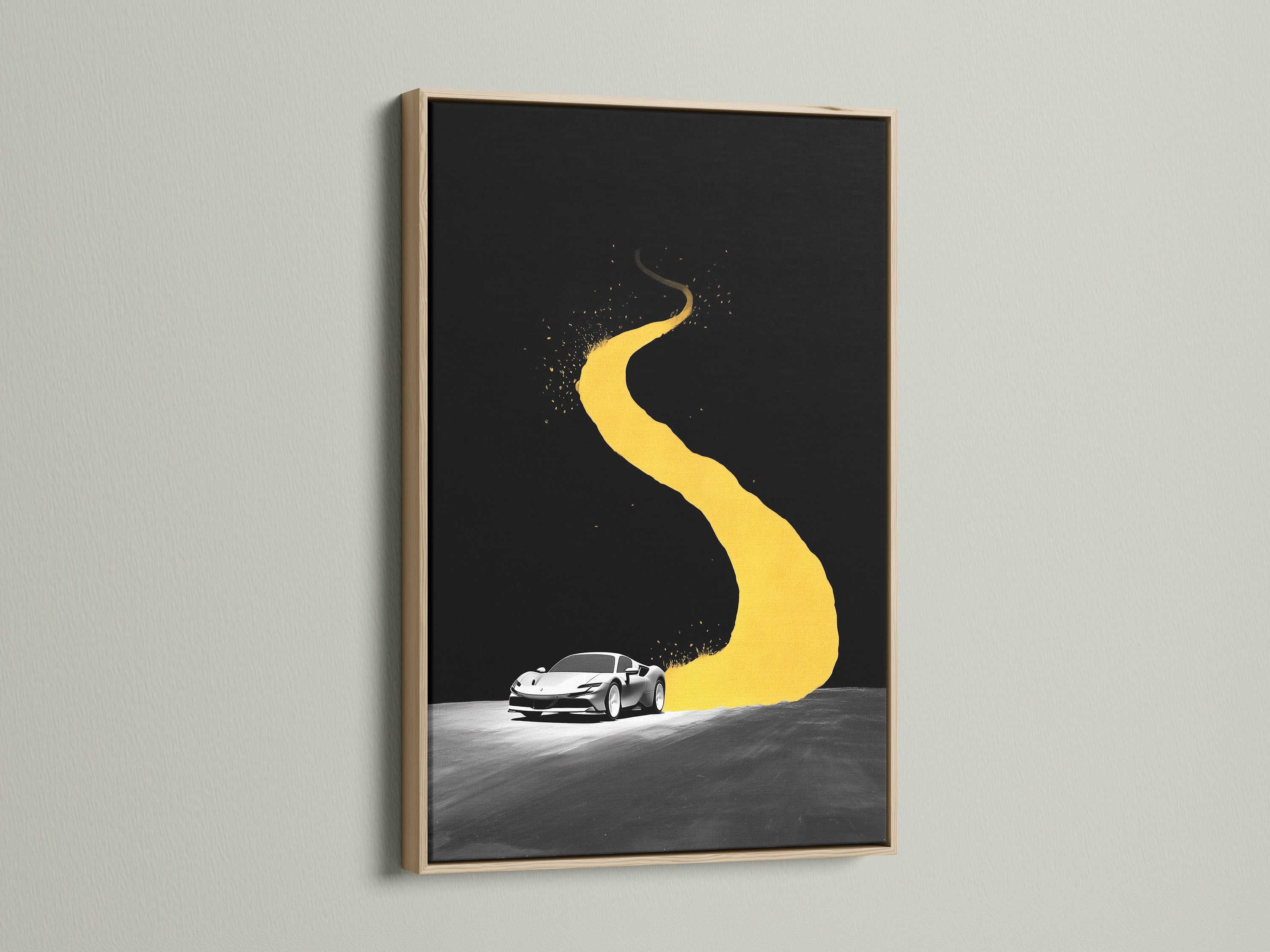 See a sports car canvas print in an oak frame. The artwork features a striking yellow road against a black background. Perfect automotive wall art for a garage or man cave. This modern car poster adds style.