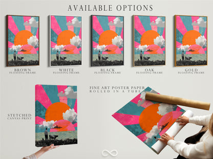 Available options include a stretched canvas print fine art poster paper and a floating frame. Choose the perfect format to showcase your surreal landscape artwork. Each option enhances the artwork's unique qualities.