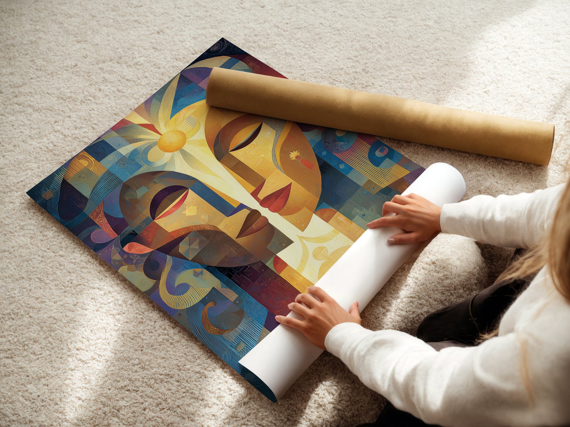 A woman is carefully rolling a fine art poster paper. The poster is high-quality and ready for framing. We ensure your art arrives in perfect condition. Discover our range of fine art poster papers. Preserve your art.