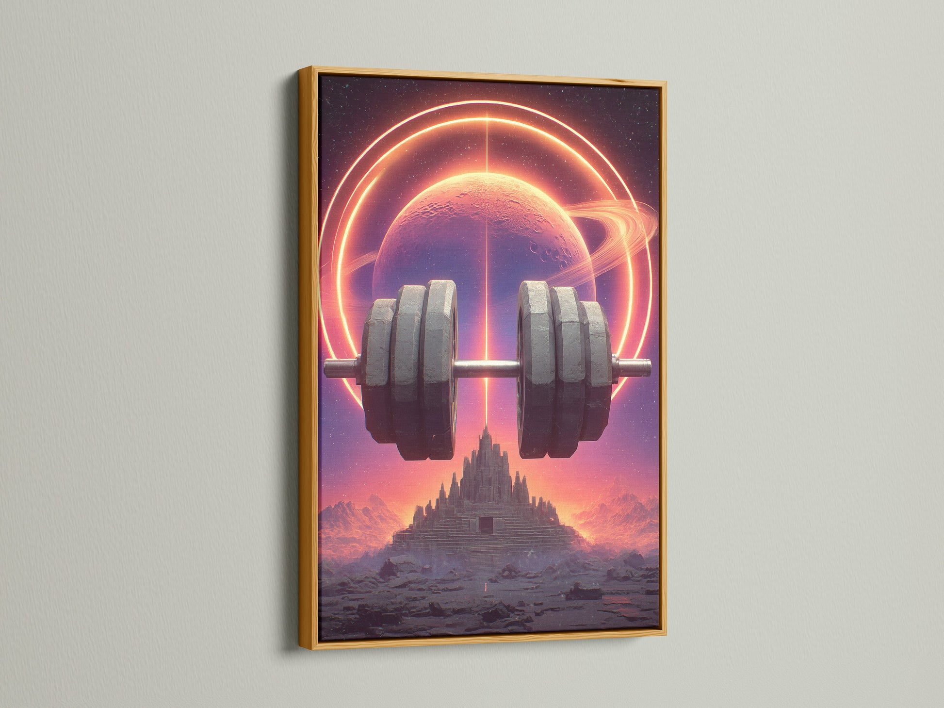 This is the gold frame option. Homeowners love this contemporary style. Renters can easily add this to their walls. This orange and purple artwork is great for athletic facilities.