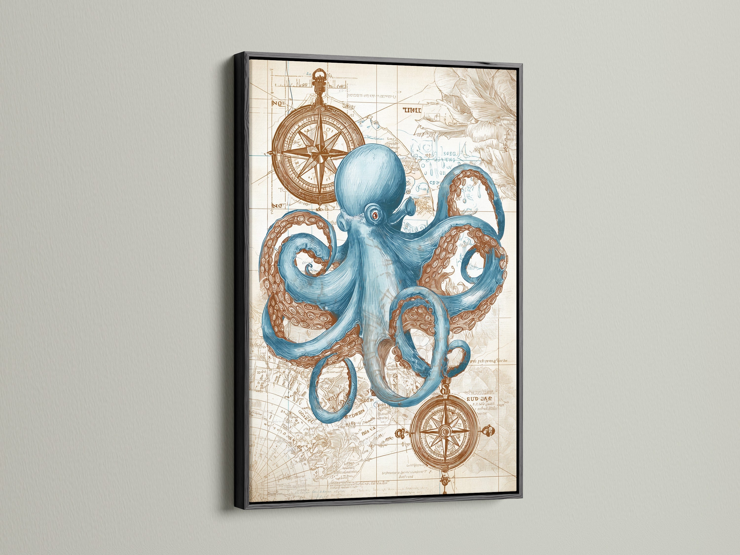 This framed artwork features a striking blue octopus against a nautical map. The artwork is set in a sleek black frame. The black frame enhances the contrast and detail of the art. This piece adds a touch of sophistication to any room. Perfect for modern interiors and art connoisseurs
