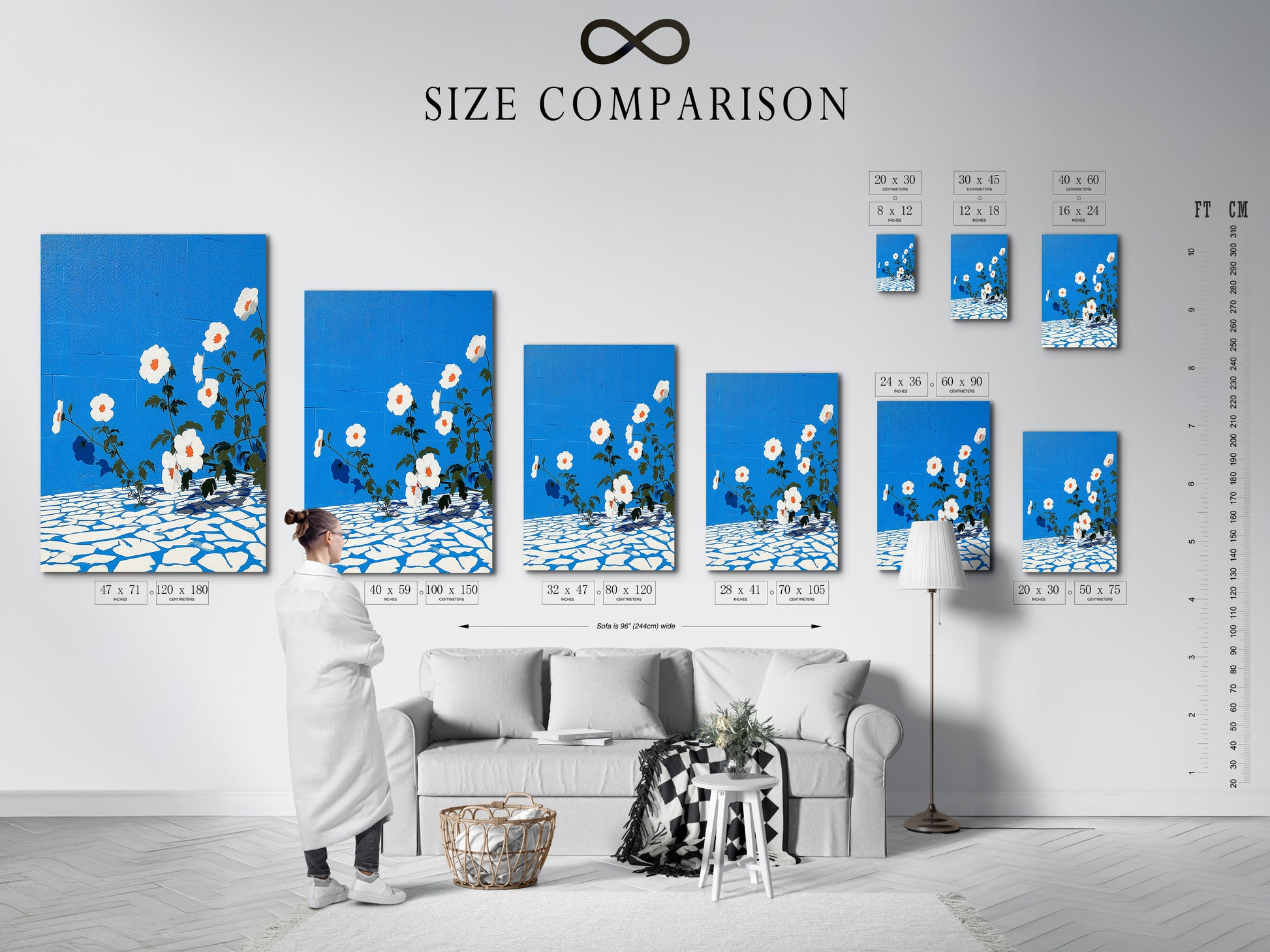 The size comparison chart helps you visualize the artwork in your interior. Choose the perfect size for your floral canvas art. See how the azure blue botanical print fits your space. Find the ideal flower artwork for your wall.