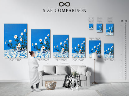 The size comparison chart helps you visualize the artwork in your interior. Choose the perfect size for your floral canvas art. See how the azure blue botanical print fits your space. Find the ideal flower artwork for your wall.