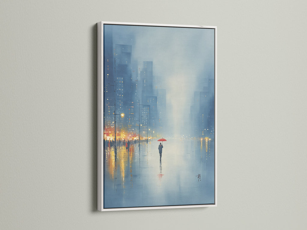 Cityscape Canvas Print with a white frame adding a clean modern touch to this urban artwork. The rainy day scene with a red umbrella creates a captivating focal point. Enhance your office or living room decor with this contemporary cityscape art. Perfect for minimalist spaces.