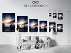 A size comparison chart in an interior setting displays the Mountain Lake artwork. See how different sizes fit your space. Choose the perfect nature print for your room. Ideal for bedroom decor and living room wall art. Find the perfect forest canvas.