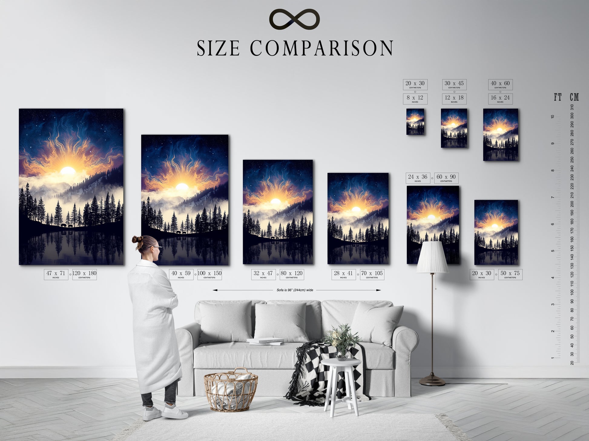 A size comparison chart in an interior setting displays the Mountain Lake artwork. See how different sizes fit your space. Choose the perfect nature print for your room. Ideal for bedroom decor and living room wall art. Find the perfect forest canvas.