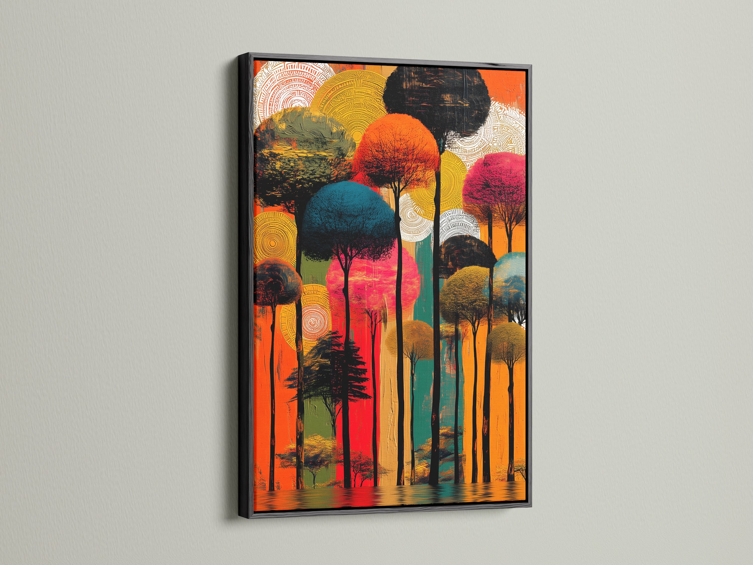 An abstract tree art print is framed in sleek black. This modern nature artwork enhances office wall art and home interiors. The colorful forest canvas adds a contemporary touch. This artwork is a stylish addition.