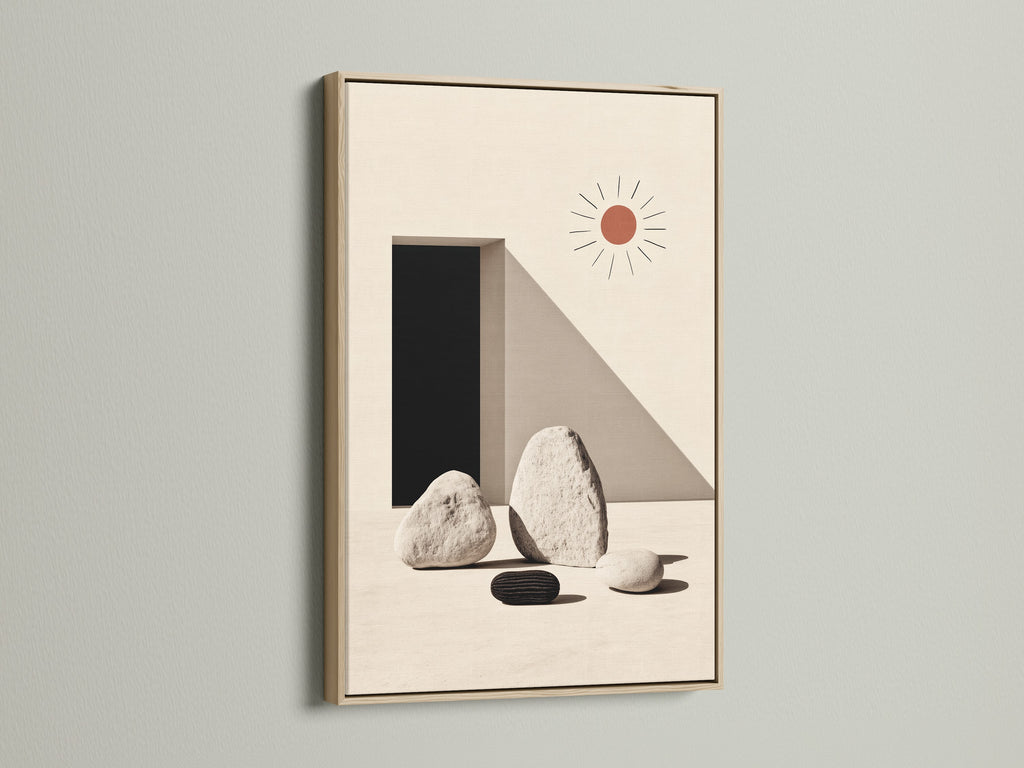 Minimalist stone geometric print in an oak frame. Neutral colors create a calming zen atmosphere. This artwork is ideal for modern Scandinavian interiors. The oak frame enhances the artwork's natural aesthetic. Elevate your home or office wall decor with this simple art print. Perfect for a serene and stylish touch.
