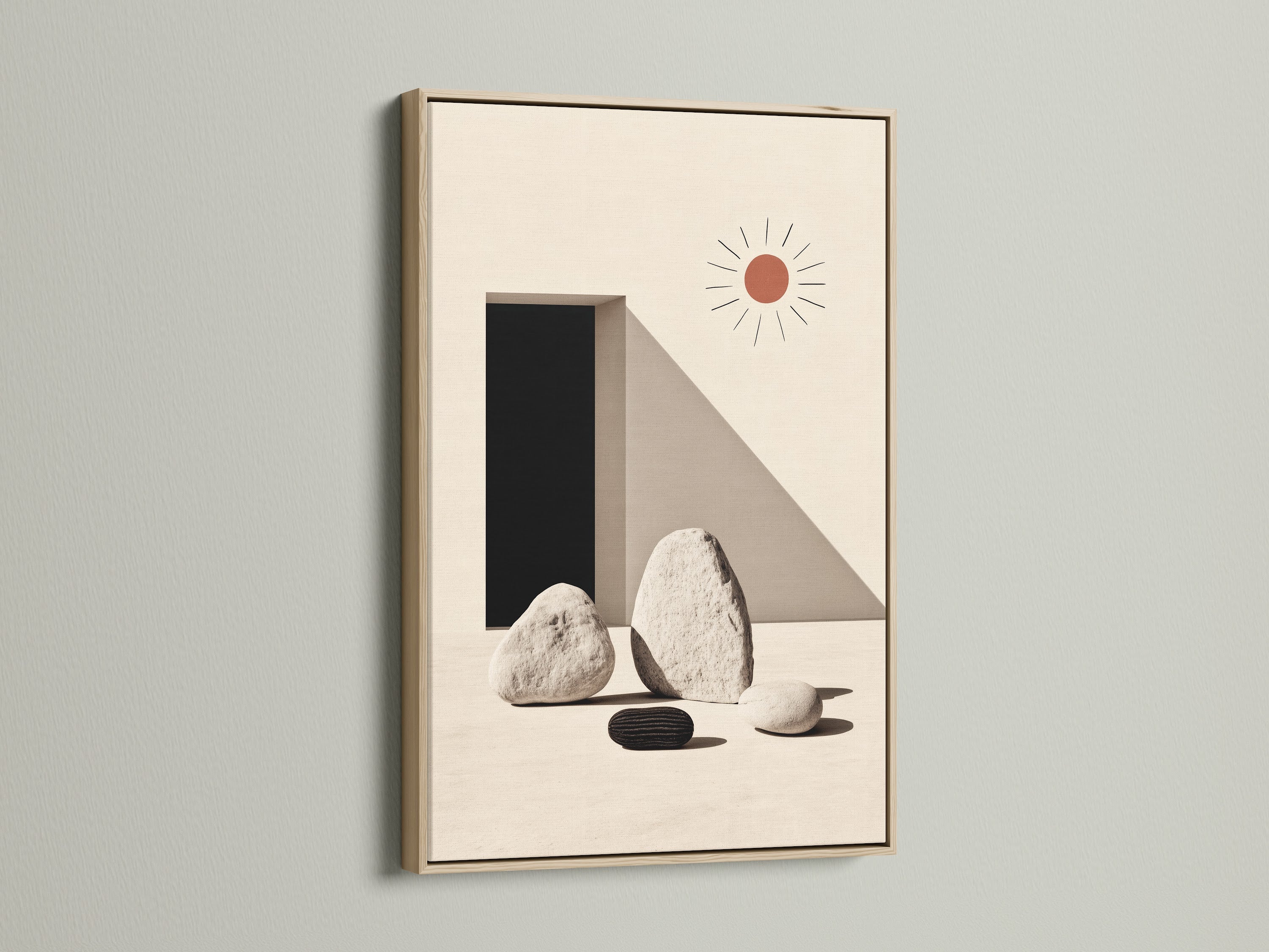 Minimalist stone geometric print in an oak frame. Neutral colors create a calming zen atmosphere. This artwork is ideal for modern Scandinavian interiors. The oak frame enhances the artwork's natural aesthetic. Elevate your home or office wall decor with this simple art print. Perfect for a serene and stylish touch.