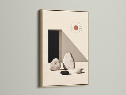 Minimalist stone geometric print in an oak frame. Neutral colors create a calming zen atmosphere. This artwork is ideal for modern Scandinavian interiors. The oak frame enhances the artwork's natural aesthetic. Elevate your home or office wall decor with this simple art print. Perfect for a serene and stylish touch.