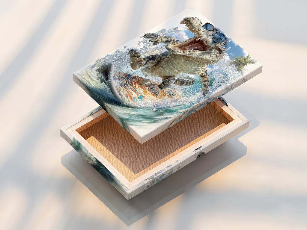 Stretched canvas print of the cool alligator wall art. The artwork is a tropical surf canvas print. This funny animal art is perfect for beach house decor. It adds a playful vibe to a kids room enhancing the overall aesthetic.