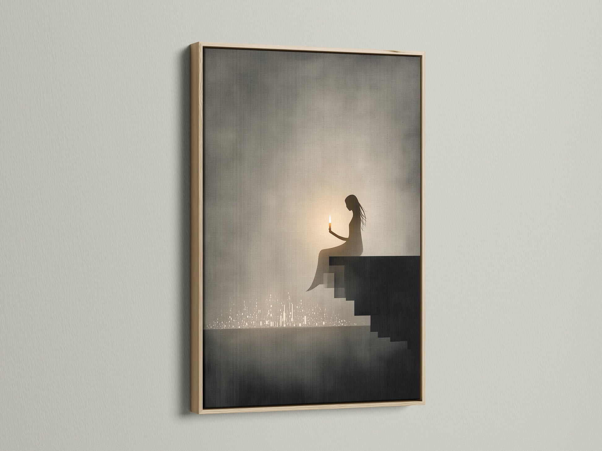 Displayed is the Silhouette Canvas Print with an oak frame. This minimalist woman with candle art creates a calming atmosphere. Ideal for bedroom wall decor or a peaceful print in living rooms.