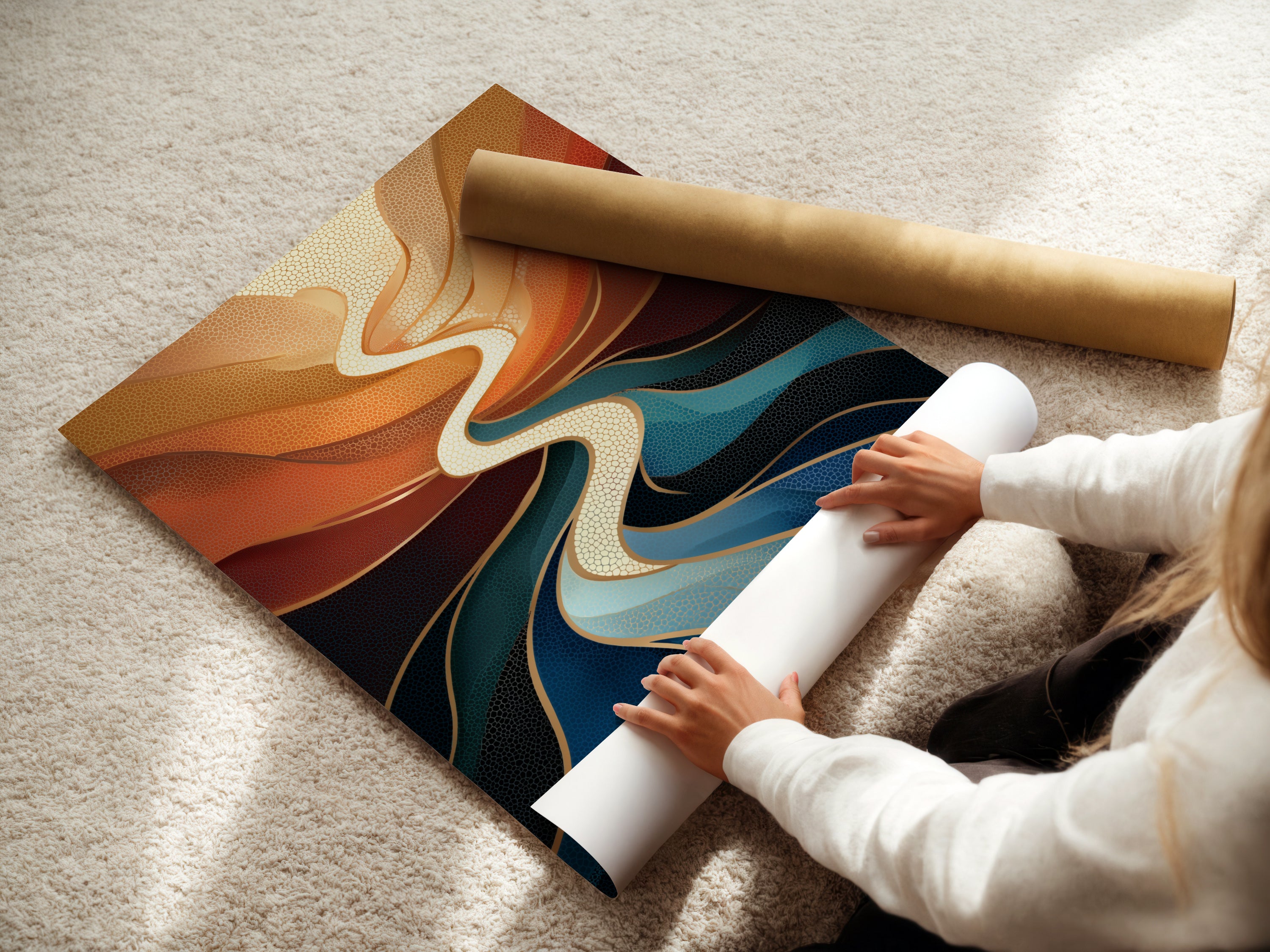 A woman is carefully rolling a fine art poster paper print. The abstract river artwork features teal and orange tones. Fine art paper provides a high-quality finish. Ideal for collectors and art enthusiasts.