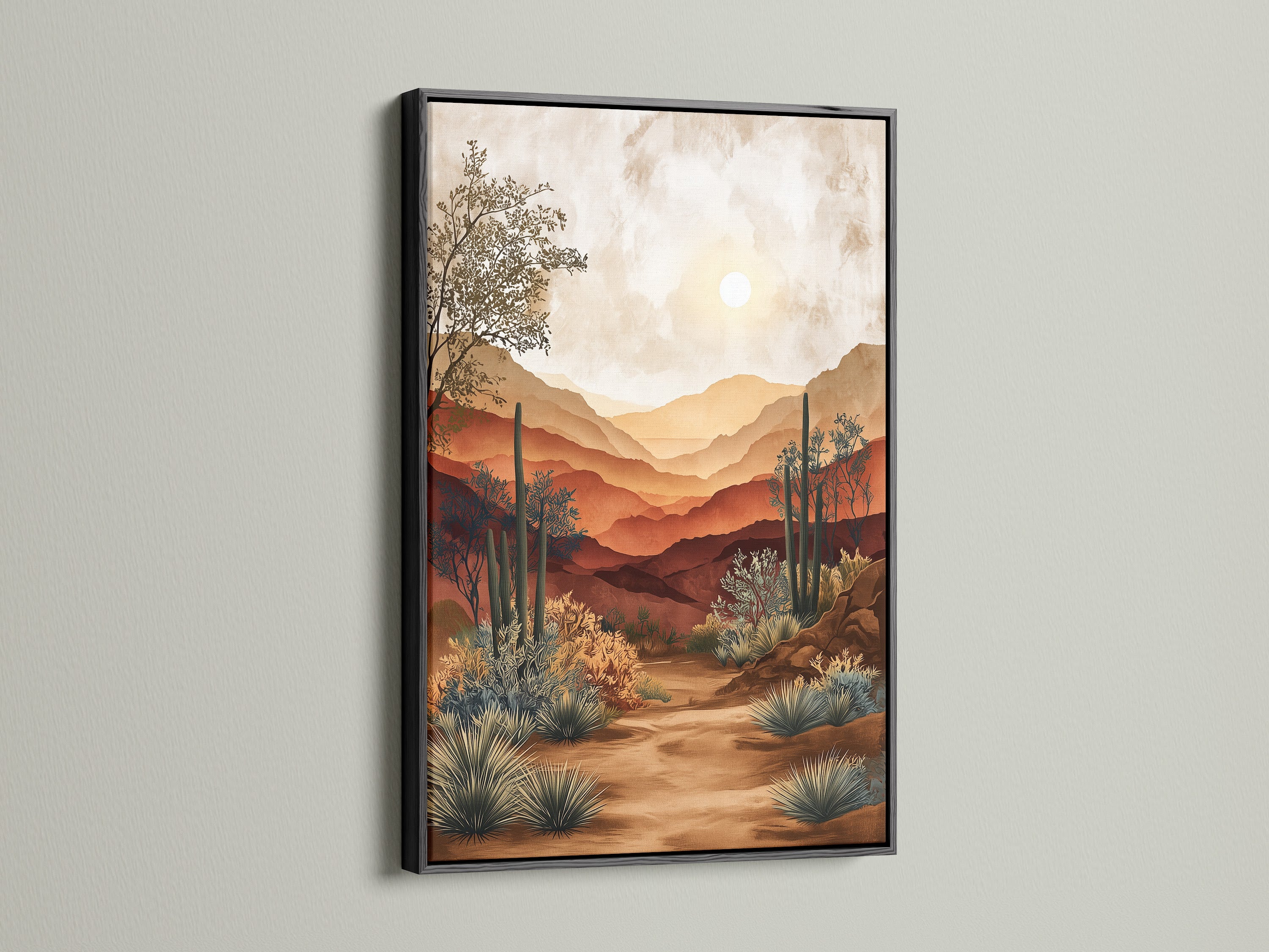 This desert landscape artwork is presented in a sleek black frame. The artwork captures the beauty of the arid region. Cacti and mountains are bathed in sunlight. The black frame adds a touch of sophistication. The artwork brings a modern aesthetic to your space.