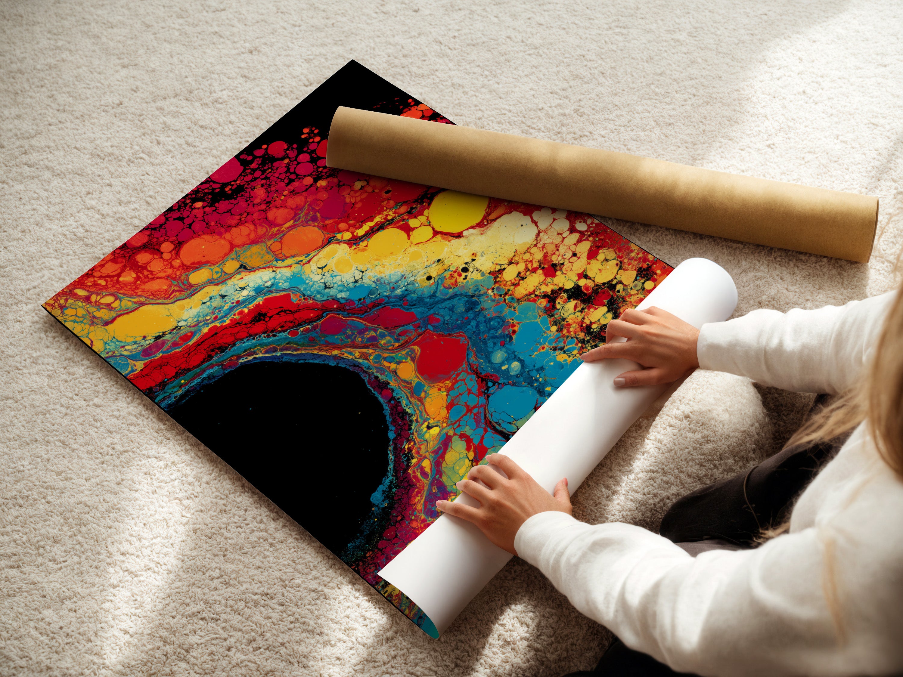 A woman carefully rolls a fine art poster paper. The image highlights the delicate process of handling fine art prints. It shows the attention to detail that goes into preserving the quality of the artwork. Discover the beauty of fine art.